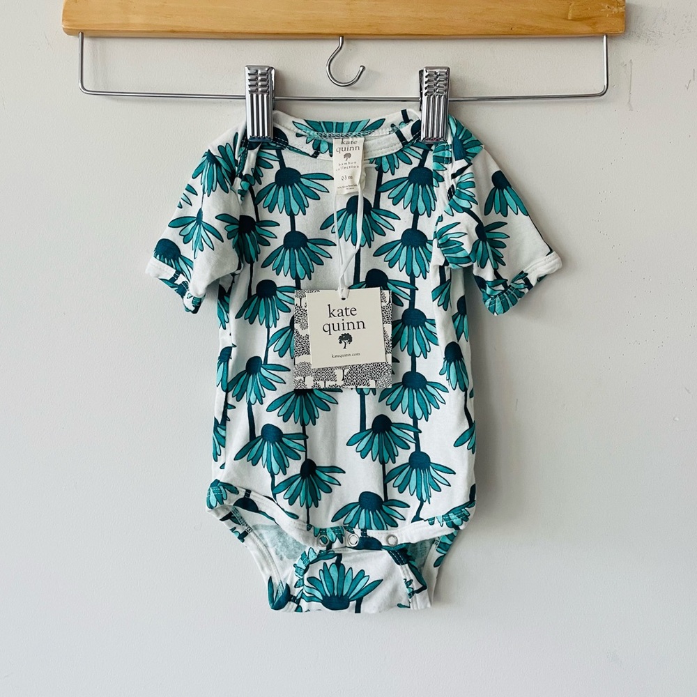 NWT Kate Quinn organic cotton short sleeve bodysuit blue echinacea flower onesie